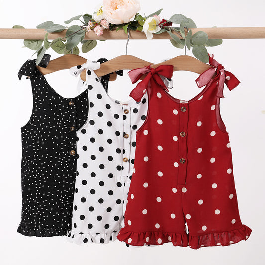 Girls' Solid Color Sleeveless Sling Polka Dot Jumpsuit