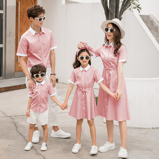Mother Daughter Shirt Dresses Striped Blouse Mommy and Me Clothes Mom Son Outfits Family Matching Clothing Tee Shirts for Dad
