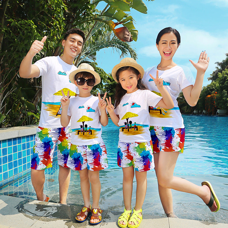 Beach Family Matching Outfits Mother Daughter Father Son Mommy and Me Clothes Cotton T-shirt Quick Dry Shorts Clothing Set
