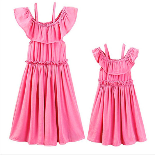 One word shoulder strap lace pleated parent-child dress