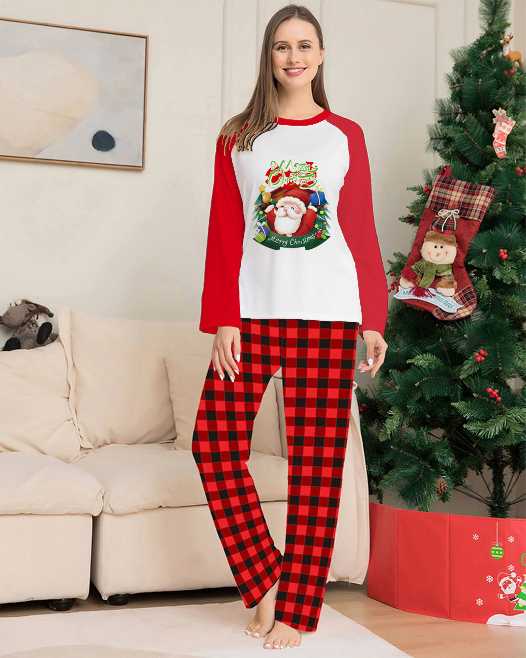 Christmas Parent-Child Clothes Set Long Sleeve T-Shirt Plaid Pants Family Matching Pajamas