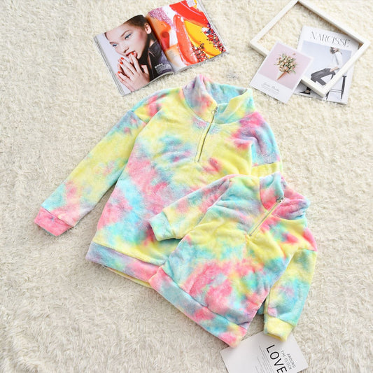 European And American Women's Clothing Stand-up Collar Thermal Double-sided Plush Tie-dyed Fur Parent-child Outfit