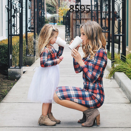 Round Neck Color Plaid Long-sleeved Parent-child Outfit